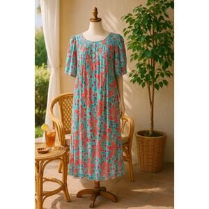 Go Softly patio dress PM mosaic floral rayon lounge house dress caftan